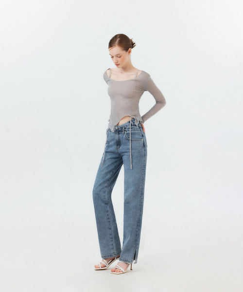 FORTYFOUR（フォーティフォー）の「[W] アシンメトリースリットストレートデニム（デニムパンツ・レディース・ライトブルー/ダークブルー/ブラック×ブルー・SMALL/MEDIUM/LARGE）」の7枚目の写真