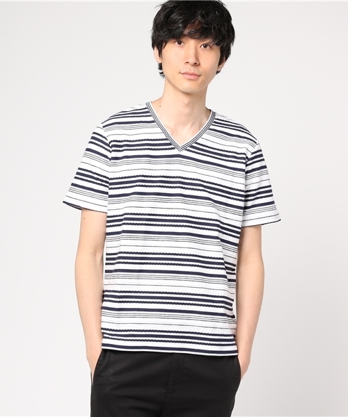 MEN'S BIGI(メンズビギ)の「VネックボーダーTシャツ/ロープボーダー(Tシャツ/カットソー・メンズ・ホワイト/ホワイト系その他/ネイビー・M/L/S)」の4枚目の写真