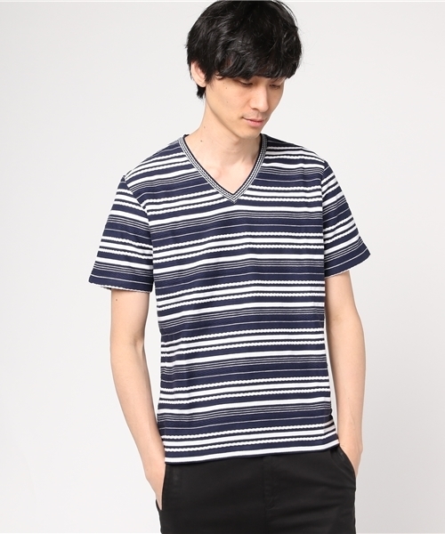 MEN'S BIGI(メンズビギ)の「VネックボーダーTシャツ/ロープボーダー(Tシャツ/カットソー・メンズ・ホワイト/ホワイト系その他/ネイビー・M/L/S)」の5枚目の写真