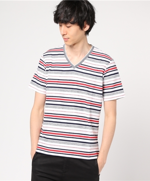 MEN'S BIGI(メンズビギ)の「VネックボーダーTシャツ/ロープボーダー(Tシャツ/カットソー・メンズ・ホワイト/ホワイト系その他/ネイビー・M/L/S)」の2枚目の写真