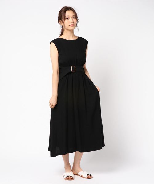 Cheek(チーク)の「麻レーヨンベルテッドノースリワンピース(ワンピース・レディース・ブラック/ベージュ/キャメル/レッド・MEDIUM)」の9枚目の写真