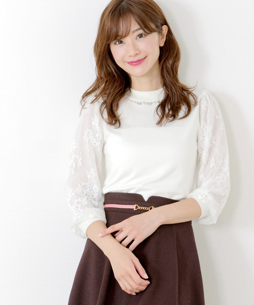Masch ミッシュマッシュ のファッション Misch セール トップス ハイネックチュールレース7分袖ニット ニット セーター Misch