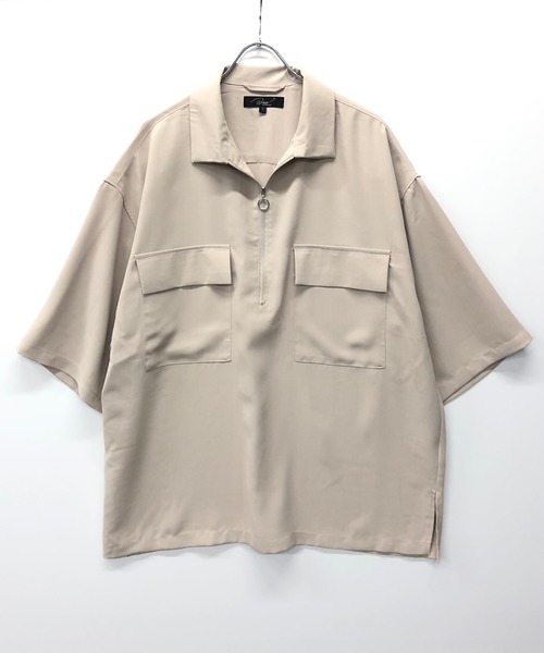 Beno（ビーノ）の「ソフトジョーゼット / ビッグシルエット ハーフジップ プルオーバー 5分袖 シャツ（シャツ/ブラウス・メンズ・ブラック/オフホワイト/ミント/ライトベージュ・M/L）」の19枚目の写真