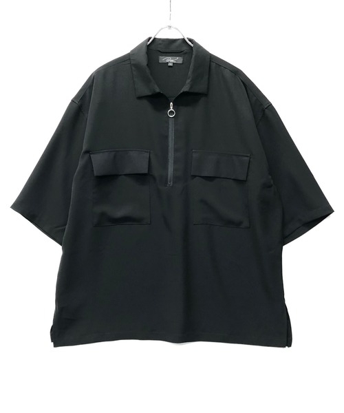 Beno（ビーノ）の「ソフトジョーゼット / ビッグシルエット ハーフジップ プルオーバー 5分袖 シャツ（シャツ/ブラウス・メンズ・ブラック/オフホワイト/ミント/ライトベージュ・M/L）」の20枚目の写真