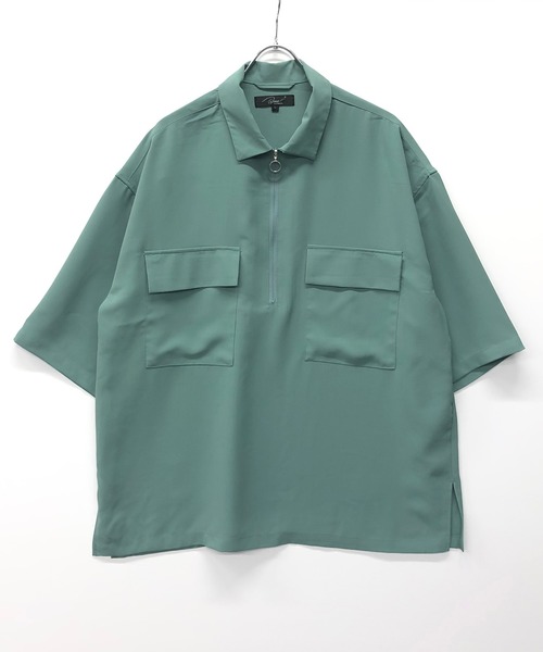 Beno（ビーノ）の「ソフトジョーゼット / ビッグシルエット ハーフジップ プルオーバー 5分袖 シャツ（シャツ/ブラウス・メンズ・ブラック/オフホワイト/ミント/ライトベージュ・M/L）」の18枚目の写真