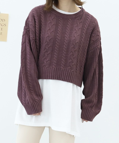 PairPair（ペアペア）の「ケーブルショートニット×ロンTセット（ニット/セーター・レディース・アイボリー/ダークパープル/ダークブルー・FREE）」の6枚目の写真