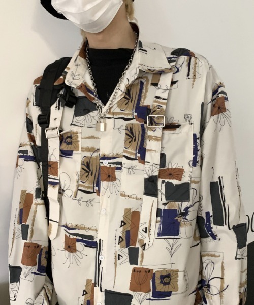 KOR（ケーオーアール）の「ベルト付総柄シャツ（シャツ/ブラウス・メンズ・ホワイト/ブラック・M/L/XL）」の13枚目の写真