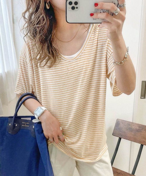 HWG_5（エイチダブルゴー）の「ボーダーカットソー（Tシャツ/カットソー・レディース・ブラック/レッド/オレンジ/グリーン・FREE）」の4枚目の写真