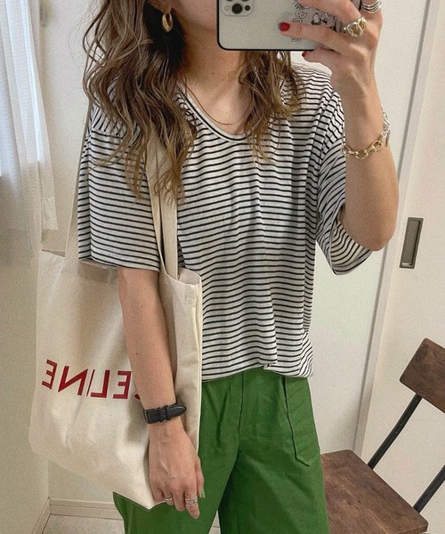 HWG_5（エイチダブルゴー）の「ボーダーカットソー（Tシャツ/カットソー・レディース・ブラック/レッド/オレンジ/グリーン・FREE）」の2枚目の写真