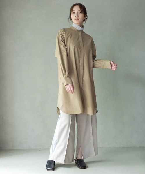 MARECHAL TERRE（マルシャルテル）の「フェイクレザーフリルシャツワンピース（シャツワンピース・レディース・ブラック/ベージュ/セージグリーン/モカ・MEDIUM）」の21枚目の写真