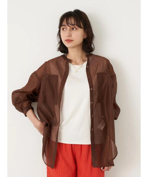 earth music&ecology（アースミュージックアンドエコロジー）の「ダブルポケットシアーシャツ ＊（シャツ/ブラウス・レディース・ブラウン/ライトパープル/ライトベージュ・FREE）」の6枚目の写真