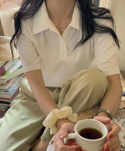 MANGROVE(マングローブ)の「POLOカラーリブTシャツ(Tシャツ/カットソー・レディース・ホワイト/ネイビー・FREE)」の9枚目の写真