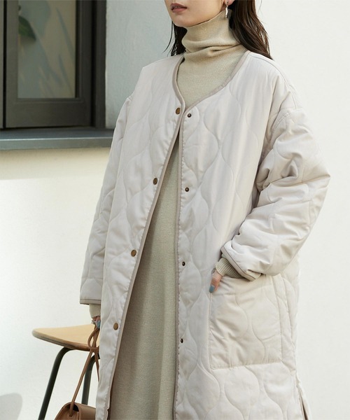 titivate（ティティベイト）の「ﾅﾐｷﾙﾄﾉｰｶﾗｰﾗｳﾝﾄﾞﾍﾑｺｰﾄ（ノーカラーコート・レディース・ブラック/アイボリー/ライトカーキ/グレイッシュベージュ・FREE）」の5枚目の写真