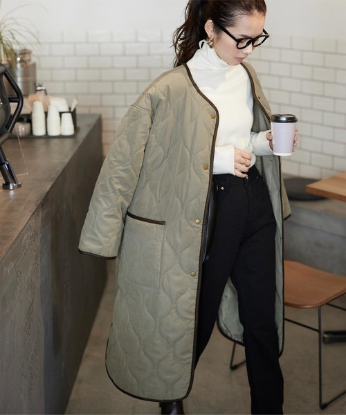 titivate（ティティベイト）の「ﾅﾐｷﾙﾄﾉｰｶﾗｰﾗｳﾝﾄﾞﾍﾑｺｰﾄ（ノーカラーコート・レディース・ブラック/アイボリー/ライトカーキ/グレイッシュベージュ・FREE）」の16枚目の写真