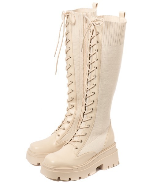 R&E（アールアンドイー）の「【22SS新作】【R&E】トラックソールニットレースアップロングブーツ（ブーツ・レディース・アイボリー/ブラック・S/M/L/LL）」の13枚目の写真