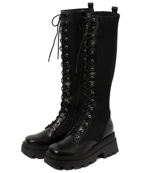 R&E（アールアンドイー）の「【22SS新作】【R&E】トラックソールニットレースアップロングブーツ（ブーツ・レディース・アイボリー/ブラック・S/M/L/LL）」の14枚目の写真