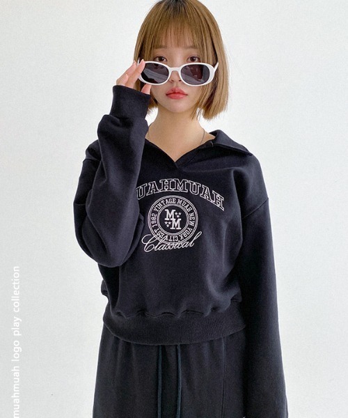 muahmuah(ムーアムーア)の「A'GEM/9 × .kom『muah muah/ムーアムーア』STITCH MUAH OPEN COLLAR MTM/ステッチデザインオープンカラースウェットシャツ(スウェット・レディース・ブラック/グレー・FREE)」の5枚目の写真