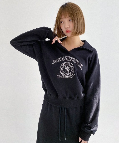 muahmuah(ムーアムーア)の「A'GEM/9 × .kom『muah muah/ムーアムーア』STITCH MUAH OPEN COLLAR MTM/ステッチデザインオープンカラースウェットシャツ(スウェット・レディース・ブラック/グレー・FREE)」の4枚目の写真