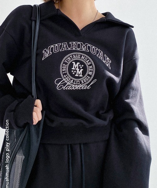 muahmuah(ムーアムーア)の「A'GEM/9 × .kom『muah muah/ムーアムーア』STITCH MUAH OPEN COLLAR MTM/ステッチデザインオープンカラースウェットシャツ(スウェット・レディース・ブラック/グレー・FREE)」の12枚目の写真