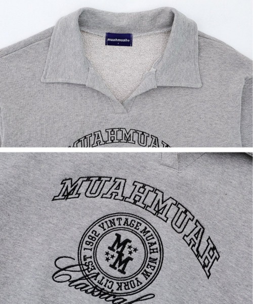 muahmuah(ムーアムーア)の「A'GEM/9 × .kom『muah muah/ムーアムーア』STITCH MUAH OPEN COLLAR MTM/ステッチデザインオープンカラースウェットシャツ(スウェット・レディース・ブラック/グレー・FREE)」の15枚目の写真