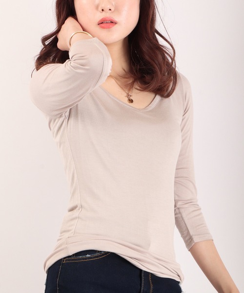 FUNALIVE（ファンアライブ）の「PAGE ONE R/PU Vネック7分袖Tシャツ（Tシャツ/カットソー・レディース・ブルー/杢グレー/ベージュ/カーキ/オフホワイト・M）」の14枚目の写真