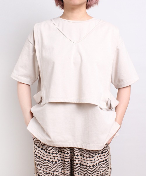 RNA-N（アールエヌエーエヌ）の「M1883 リサイクル天竺レイヤードプルオーバー（Tシャツ/カットソー・レディース・キナリ/ライトベージュ/スミクロ・MEDIUM）」の4枚目の写真