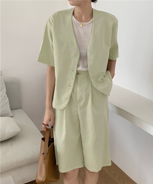 Chaco closet（チャコ クローゼット）の「【セットアップ】半袖ノーカラージャケット＆ハーフパンツセット（セットアップ・レディース・ブラック/ライトグリーン/アイボリー・FREE）」の3枚目の写真