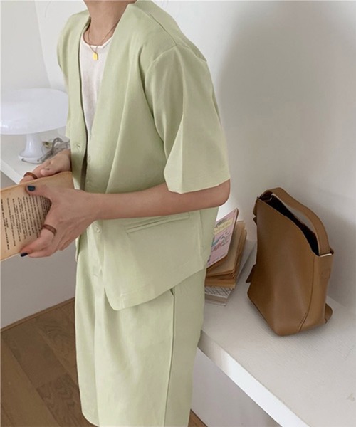 Chaco closet（チャコ クローゼット）の「【セットアップ】半袖ノーカラージャケット＆ハーフパンツセット（セットアップ・レディース・ブラック/ライトグリーン/アイボリー・FREE）」の11枚目の写真