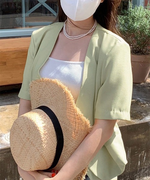 Chaco closet（チャコ クローゼット）の「【セットアップ】半袖ノーカラージャケット＆ハーフパンツセット（セットアップ・レディース・ブラック/ライトグリーン/アイボリー・FREE）」の14枚目の写真