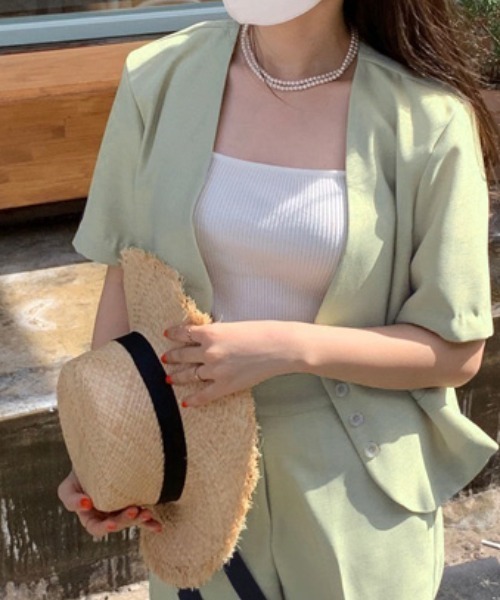 Chaco closet（チャコ クローゼット）の「【セットアップ】半袖ノーカラージャケット＆ハーフパンツセット（セットアップ・レディース・ブラック/ライトグリーン/アイボリー・FREE）」の13枚目の写真