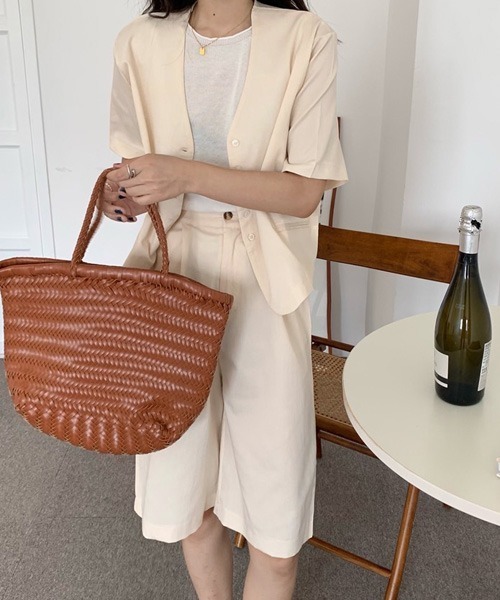 Chaco closet（チャコ クローゼット）の「【セットアップ】半袖ノーカラージャケット＆ハーフパンツセット（セットアップ・レディース・ブラック/ライトグリーン/アイボリー・FREE）」の18枚目の写真