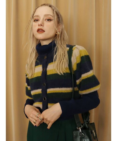 EVRIS（エヴリス）の「フロントボタンマルチボーダーニットトップス（ニット/セーター・レディース・ネイビー/オレンジ・FREE）」の3枚目の写真