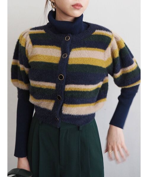 EVRIS（エヴリス）の「フロントボタンマルチボーダーニットトップス（ニット/セーター・レディース・ネイビー/オレンジ・FREE）」の7枚目の写真