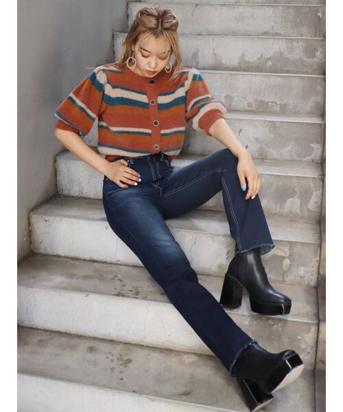 EVRIS（エヴリス）の「フロントボタンマルチボーダーニットトップス（ニット/セーター・レディース・ネイビー/オレンジ・FREE）」の17枚目の写真