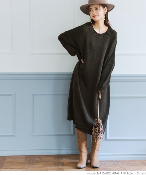coca(coca)(コカ)の「ゆる編みニットワンピ(ワンピース・レディース・チャコール/カーキ・ONE SIZE)」の12枚目の写真