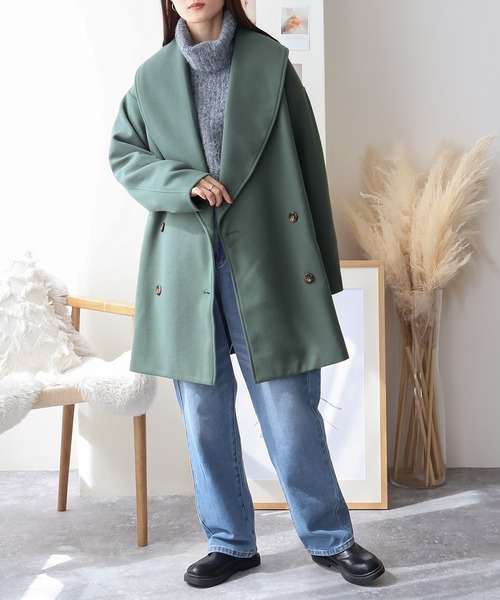 Social GIRL（ソーシャルガール）の「ショールカラーミドルコート（その他アウター・レディース・モカ/グリーン/アイボリー/ブラック/サックスブルー/ベージュ/ブラウン/ブラック×グリーン・M/L）」の15枚目の写真