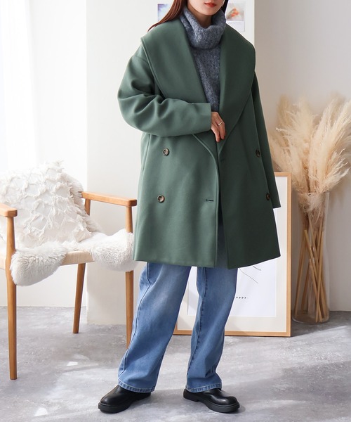 Social GIRL（ソーシャルガール）の「ショールカラーミドルコート（その他アウター・レディース・モカ/グリーン/アイボリー/ブラック/サックスブルー/ベージュ/ブラウン/ブラック×グリーン・M/L）」の17枚目の写真