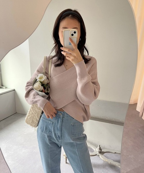 one after another NICE CLAUP(ワンアフターアナザーナイスクラップ)の「クロスデザインニット 2023SS(ニット/セーター・レディース・グレー/レッド/オフホワイト/ピンクベージュ・FREE)」の15枚目の写真