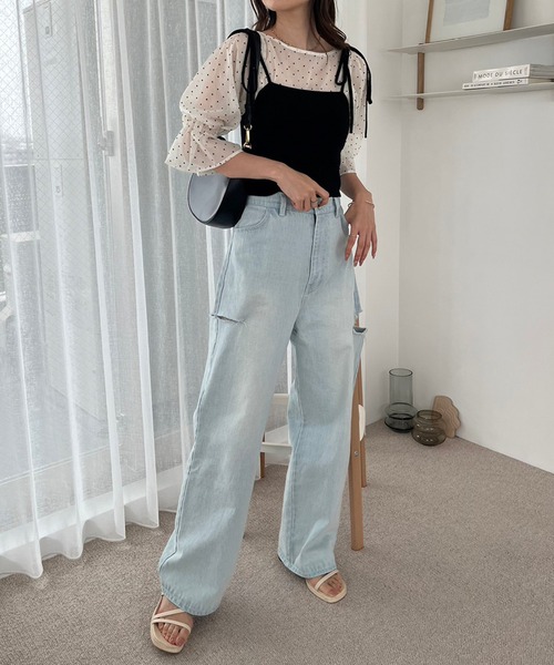 one after another NICE CLAUP（ワンアフターアナザーナイスクラップ）の「リボンニットキャミビスチェ（キャミソール・レディース・ライトブルー/ブラック/アイボリー/レッド・FREE）」の7枚目の写真