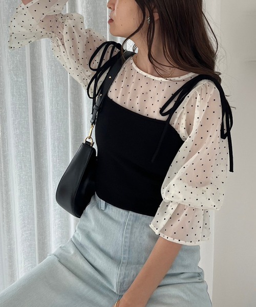 one after another NICE CLAUP（ワンアフターアナザーナイスクラップ）の「リボンニットキャミビスチェ（キャミソール・レディース・ライトブルー/ブラック/アイボリー/レッド・FREE）」の8枚目の写真