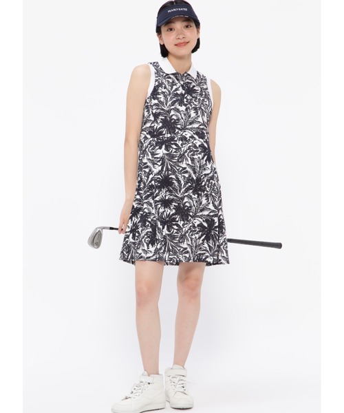 【PEARLY GATES】市松カノコ スリーブレス ポロワンピース ＜ボタニカル柄＞