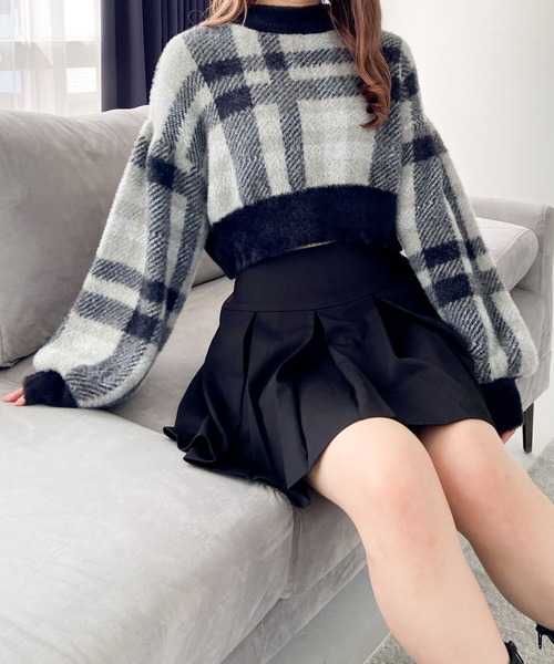 Heather（ヘザー）の「フェザーチェックショートプルオーバー　966677（ニット/セーター・レディース・ブラウン/ブルー/ブラック/アイボリー/ピンク系その他・FREE）」の3枚目の写真