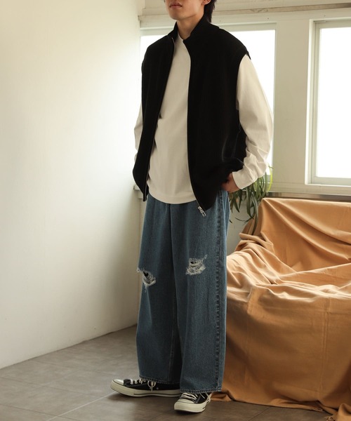 SENSE OF PLACE by URBAN RESEARCH(センスオブプレイスバイアーバンリサーチ)の「ダメージデニムワイドパンツ(デニムパンツ・メンズ・ブラック/ライトインディゴブルー・LARGE/MEDIUM)」の20枚目の写真