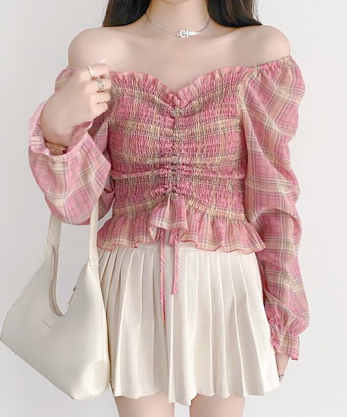 セール】チェック柄フリルギャザーブラウス（シャツ/ブラウス）｜Sibra