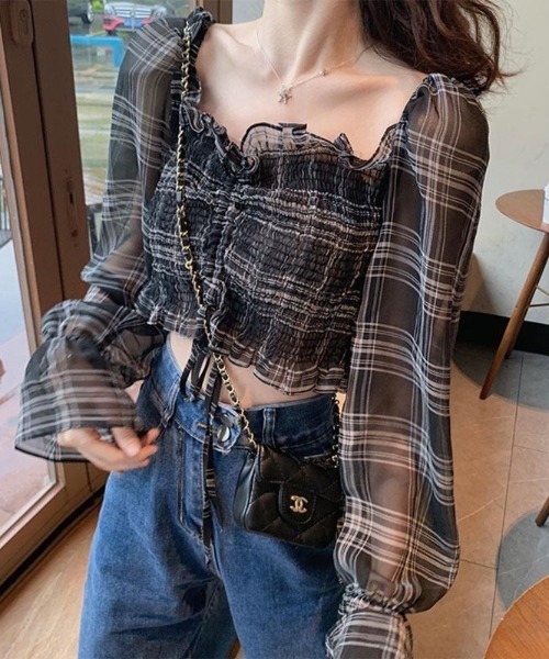 つぐ様　新品　FENNEL(SCOTCLUB系列)　フリルギャザーナイロン素材 セール】チェック柄フリルギャザーブラウス（シャツ/ブラウス