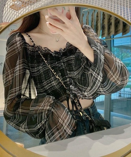 セール】チェック柄フリルギャザーブラウス（シャツ/ブラウス）｜Sibra
