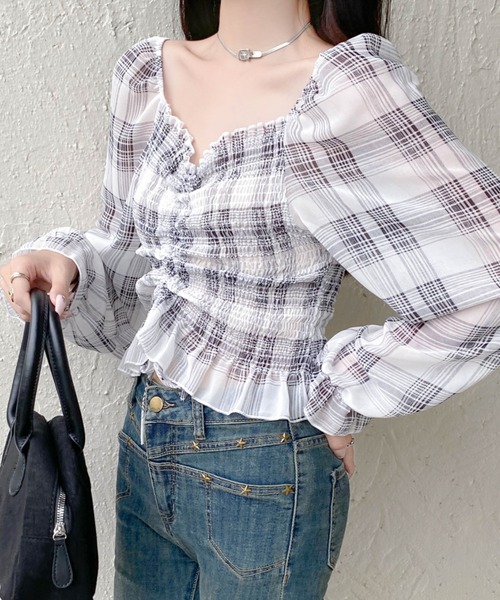 Sibra（シブラ）の「チェック柄フリルギャザーブラウス（シャツ/ブラウス・レディース・ブラック/ピンク/ベージュ/ホワイト・M）」の12枚目の写真