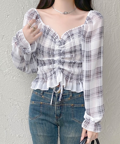 セール】チェック柄フリルギャザーブラウス（シャツ/ブラウス）｜Sibra