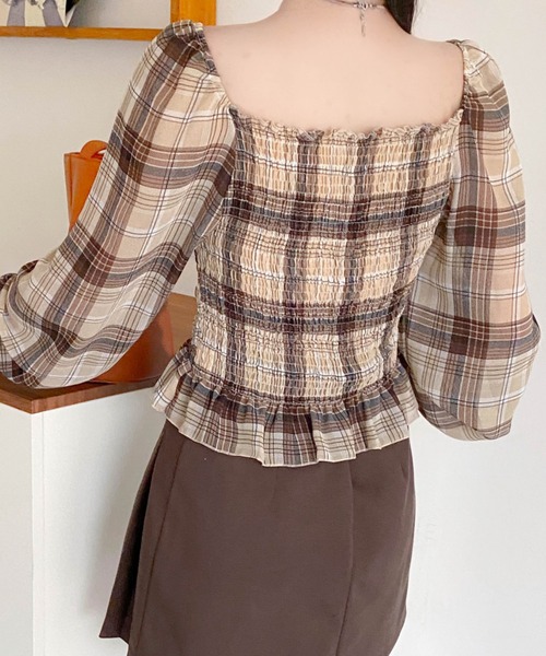 セール】チェック柄フリルギャザーブラウス（シャツ/ブラウス