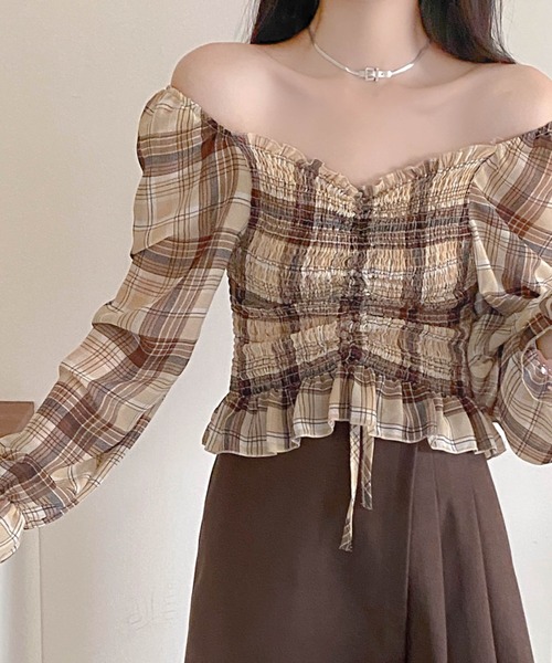 Sibra（シブラ）の「チェック柄フリルギャザーブラウス（シャツ/ブラウス・レディース・ブラック/ピンク/ベージュ/ホワイト・M）」の20枚目の写真